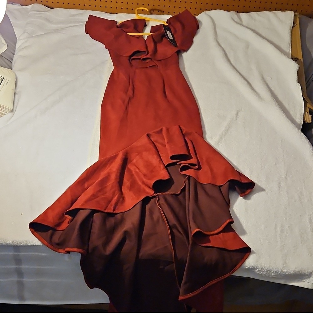 Fashion Nova La Flamenca Dress Wine Red Off Shoulder High Low Mermaid Gown XS